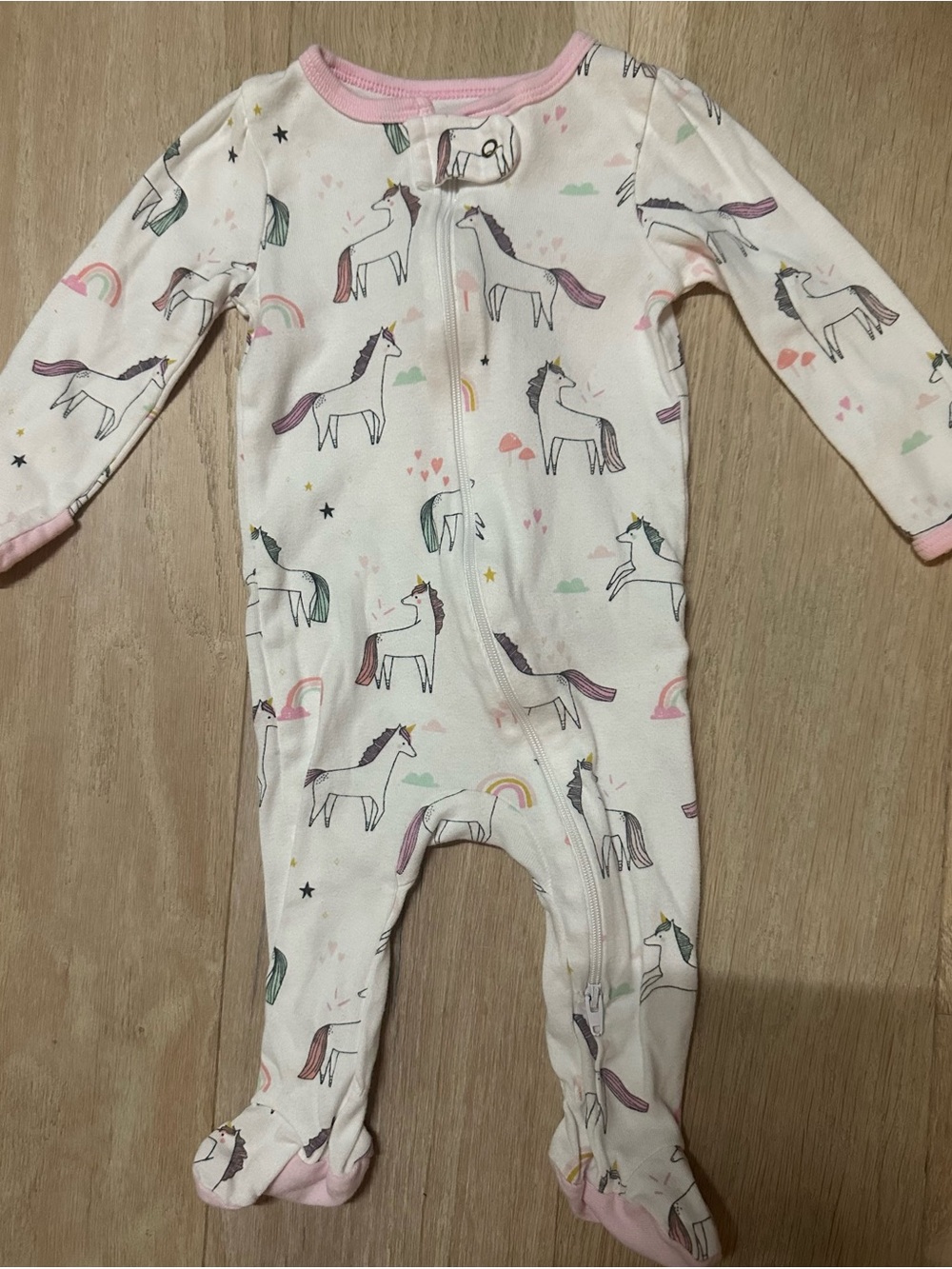 cloud island Unicorn Footed One-Piece Pajamas - White & Pink 3-6m